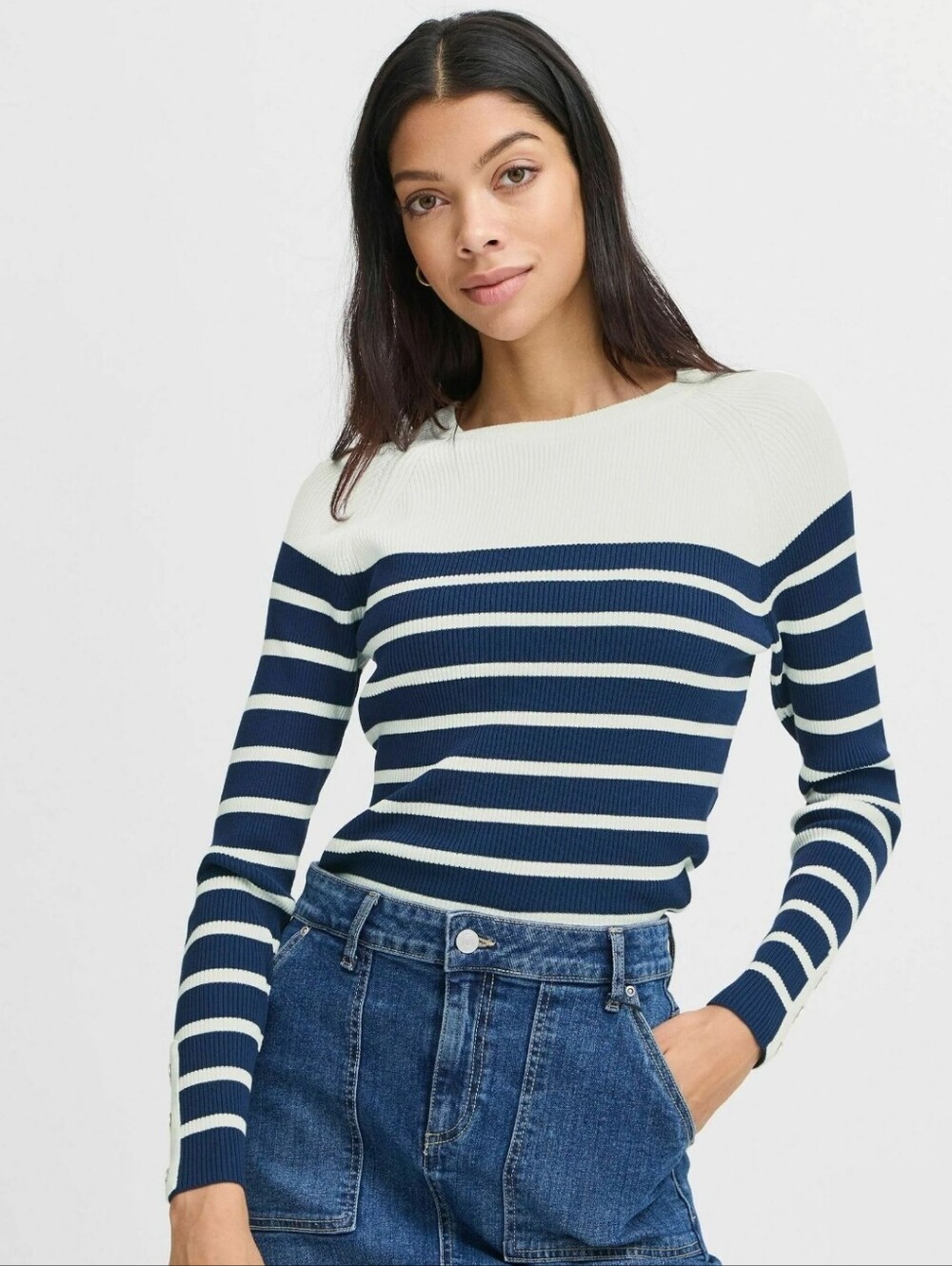 NWT b.young Bymmorla Striped Ribbed Knit Sweater Button Cuff Navy M